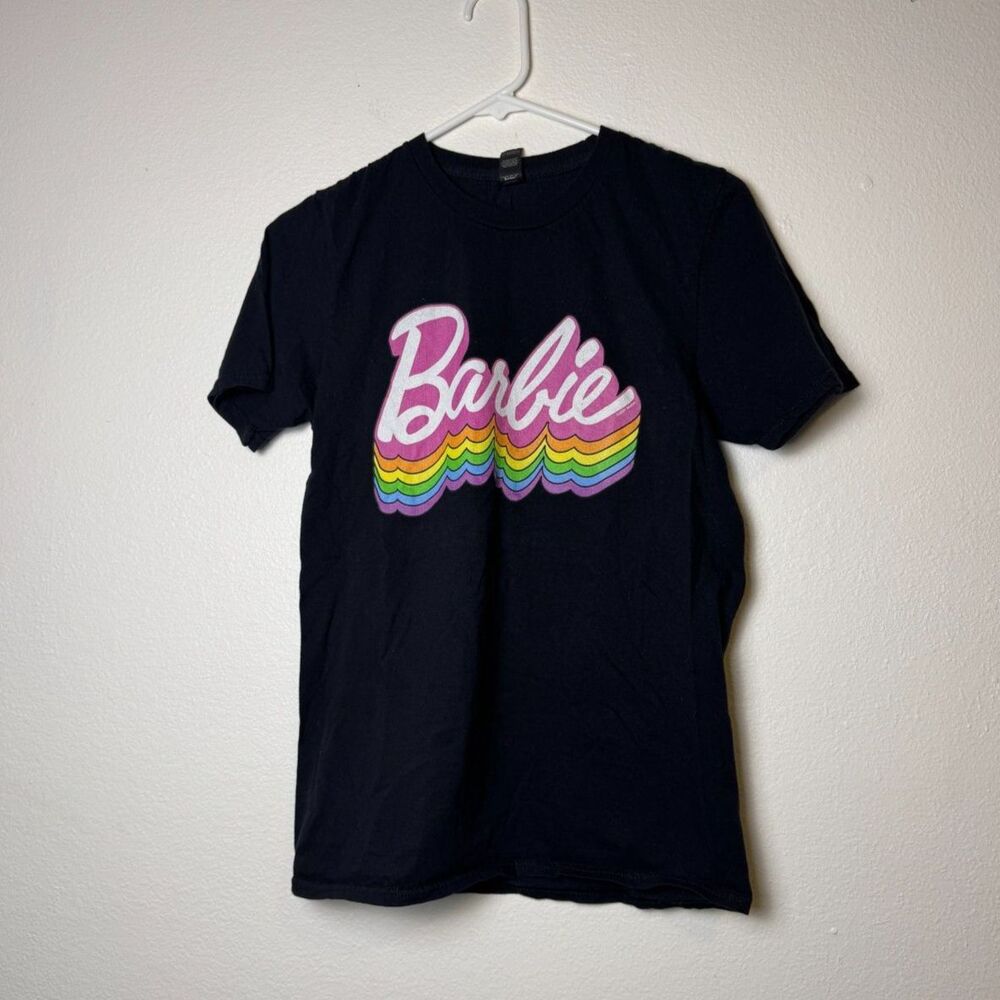 Barbie Womens S Black Rainbow Logo Graphic T-Shirt Short Sleeve Crew Neck Cotton